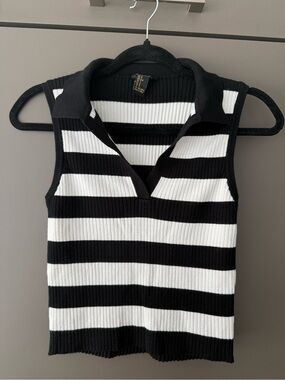 Black & White Striped Collared Tank Top Size S Polo Tank Top Ribbed Knit